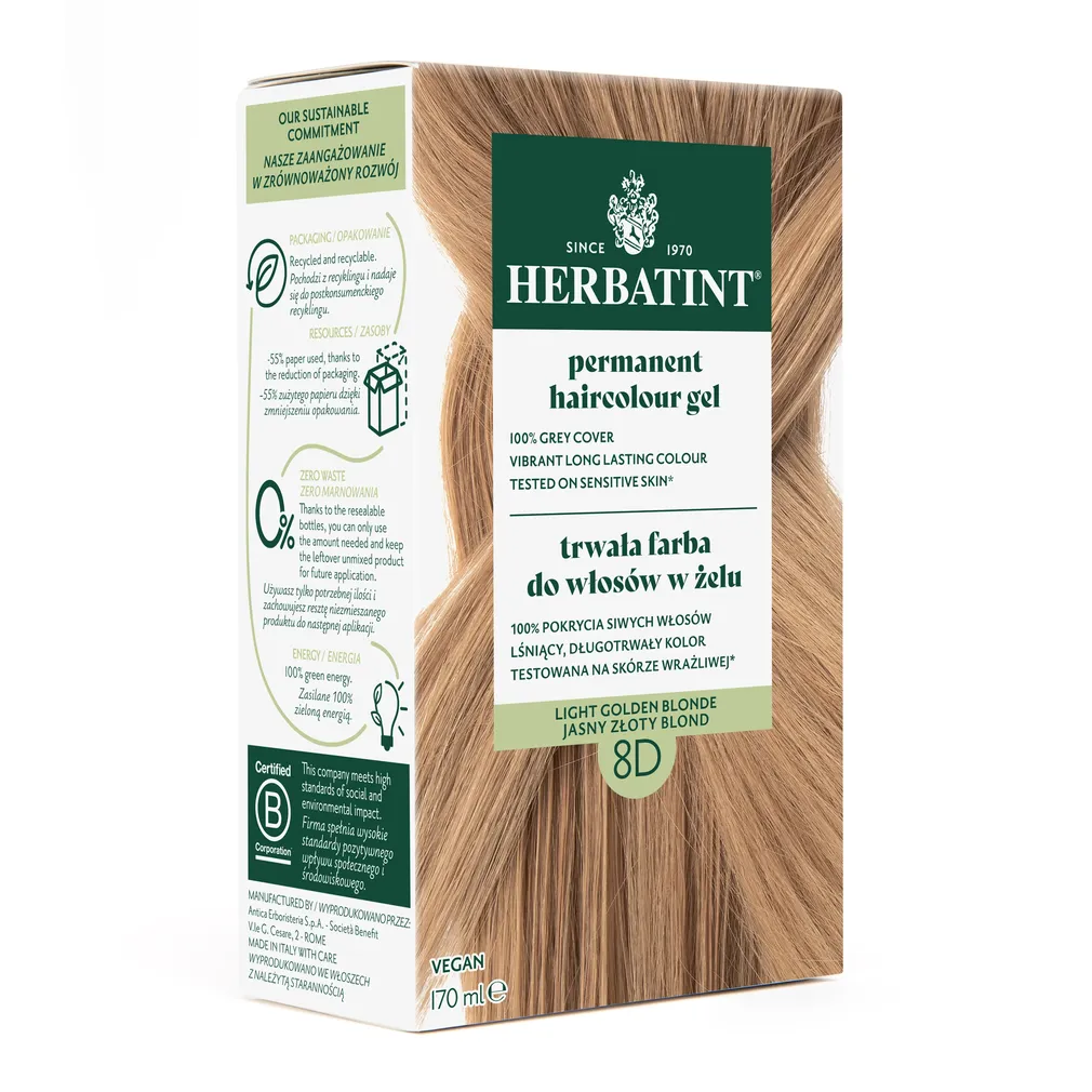 Farba do włosów Herbatint • trwała • 8D JASNY ZŁOTY BLOND • seria ZŁOTA